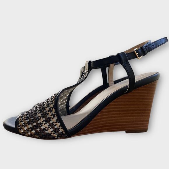 Cole Haan Maddie Open Toe Wedge Sandal US 9 Black Brown Woven Boho Chic Neutral - Picture 11 of 11